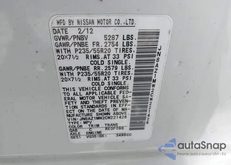 2012 Nissan Murano Le z USA, uszkodzony, nr VIN JN8AZ1MW2CW221426